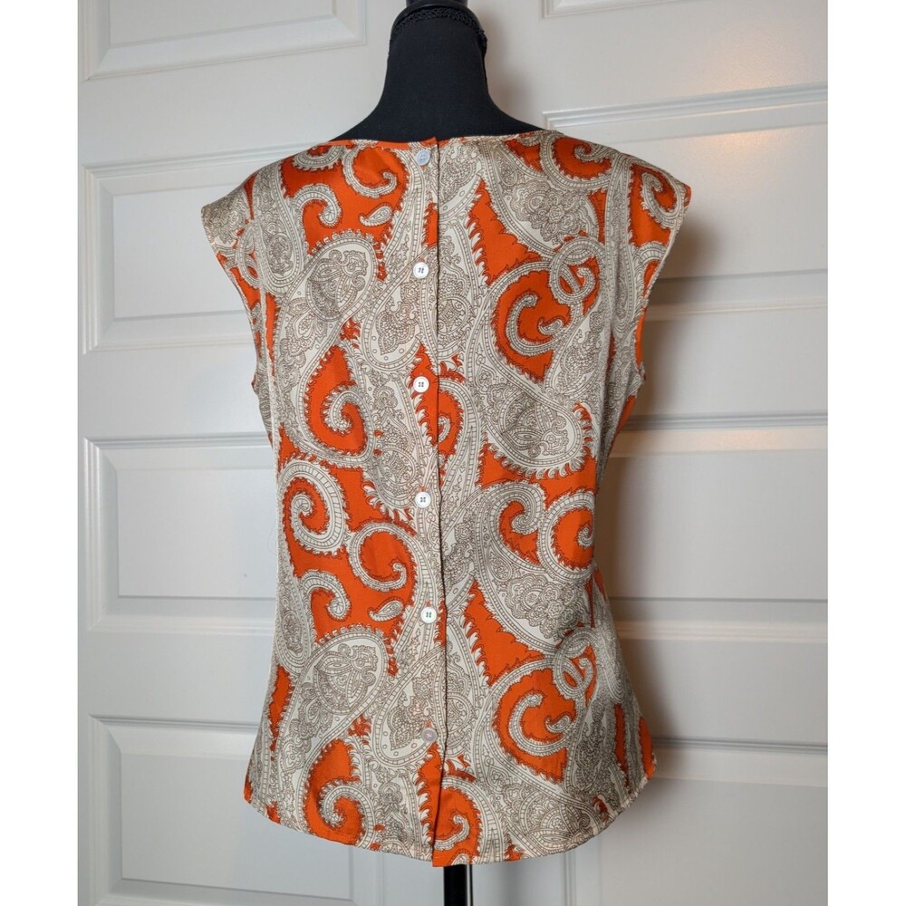 Talbots Size 12 Blouse Button Back Sleeveless  Orange Paisley Print Satin - Picture 3 of 8
